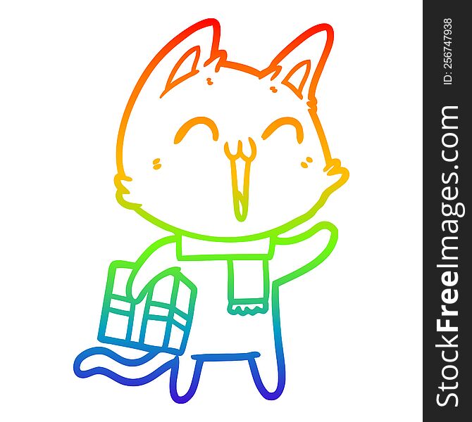 rainbow gradient line drawing happy cartoon cat with christmas gift