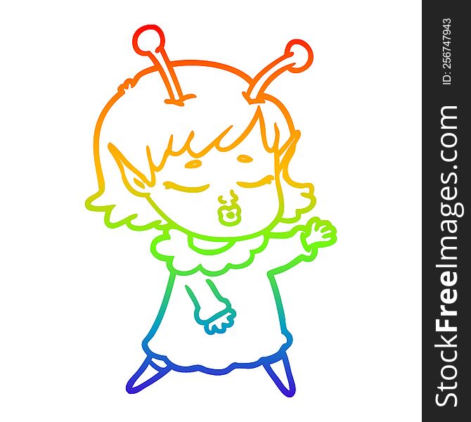 Rainbow Gradient Line Drawing Cute Alien Girl Cartoon