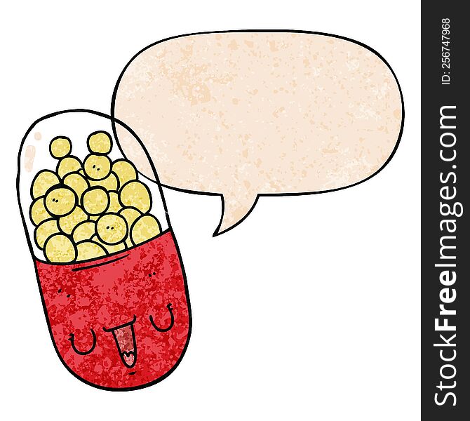 cartoon medical pill with speech bubble in retro texture style