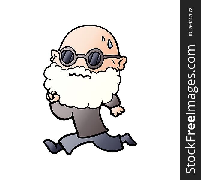 cartoon running man with beard and sunglasses sweating. cartoon running man with beard and sunglasses sweating