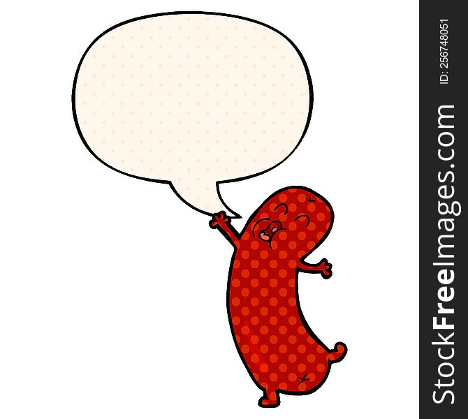 Cartoon Dancing Sausage And Speech Bubble In Comic Book Style