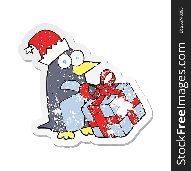 retro distressed sticker of a cartoon christmas penguin