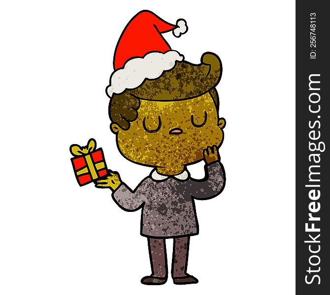 textured cartoon of a man wondering wearing santa hat