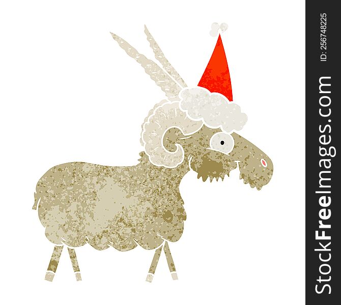 hand drawn retro cartoon of a goat wearing santa hat