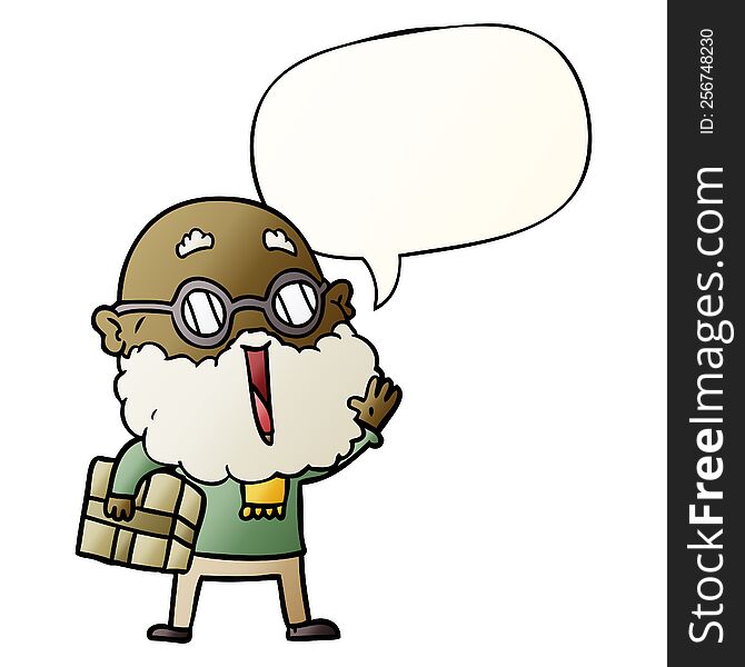 cartoon joyful man and beard and parcel under arm and speech bubble in smooth gradient style