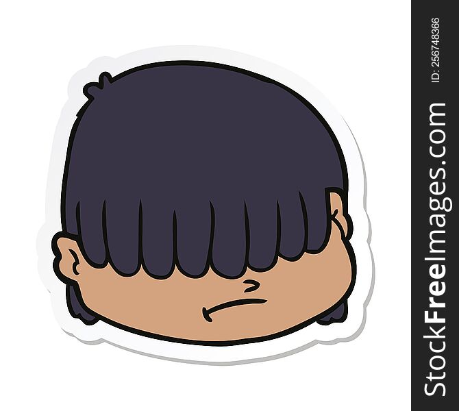 sticker of a cartoon face with hair over eyes