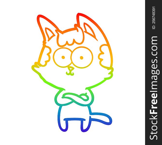 rainbow gradient line drawing of a happy cartoon cat with crossed arms