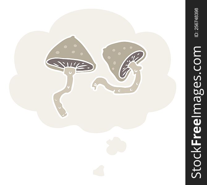 cartoon mushrooms with thought bubble in retro style