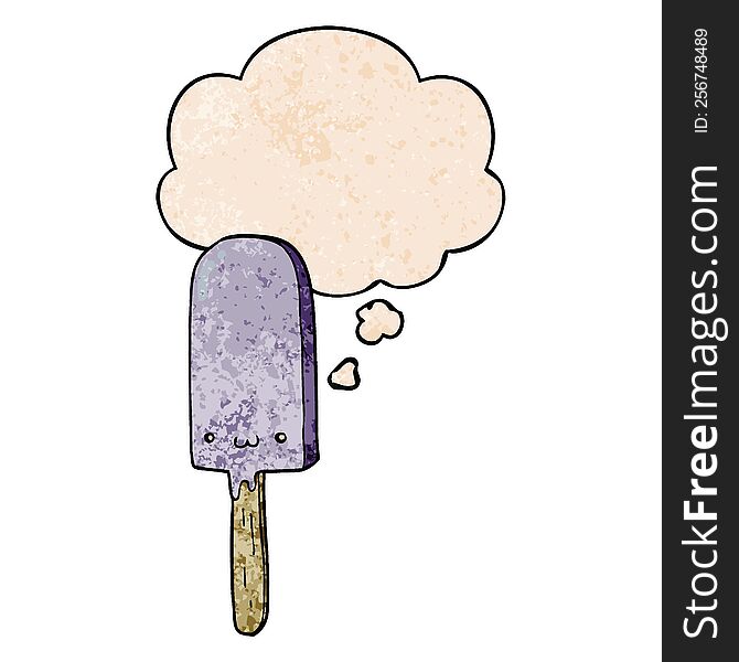 Cartoon Ice Lolly And Thought Bubble In Grunge Texture Pattern Style