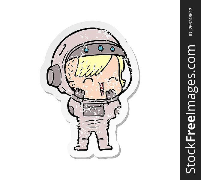 Distressed Sticker Of A Cartoon Laughing Astronaut Girl