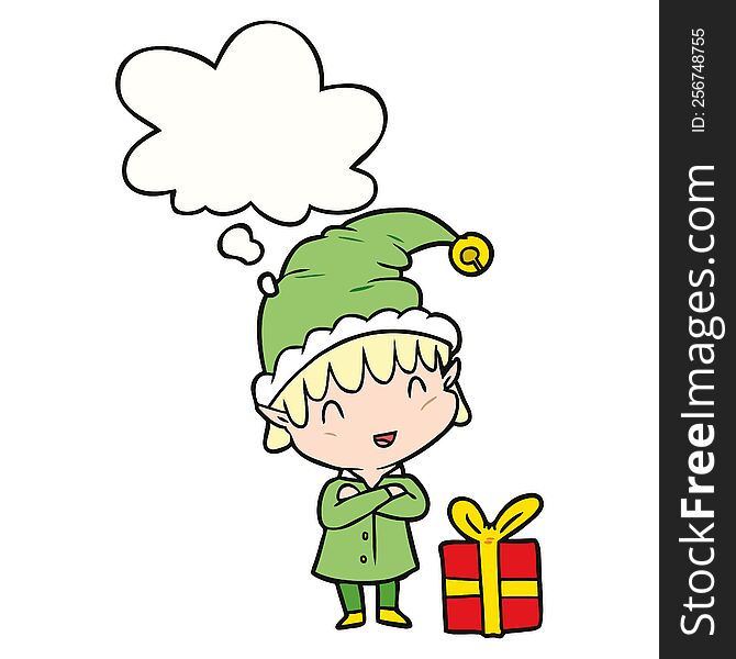 Cartoon Happy Christmas Elf And Thought Bubble
