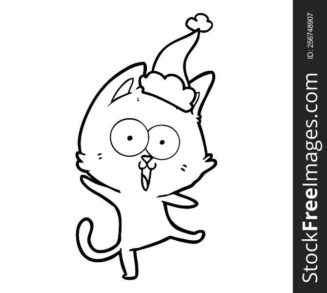 Funny Line Drawing Of A Cat Wearing Santa Hat