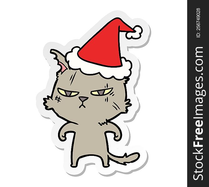 Tough Sticker Cartoon Of A Cat Wearing Santa Hat