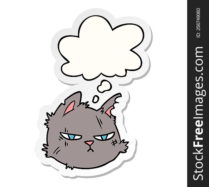 Cartoon Tough Cat Face And Thought Bubble As A Printed Sticker