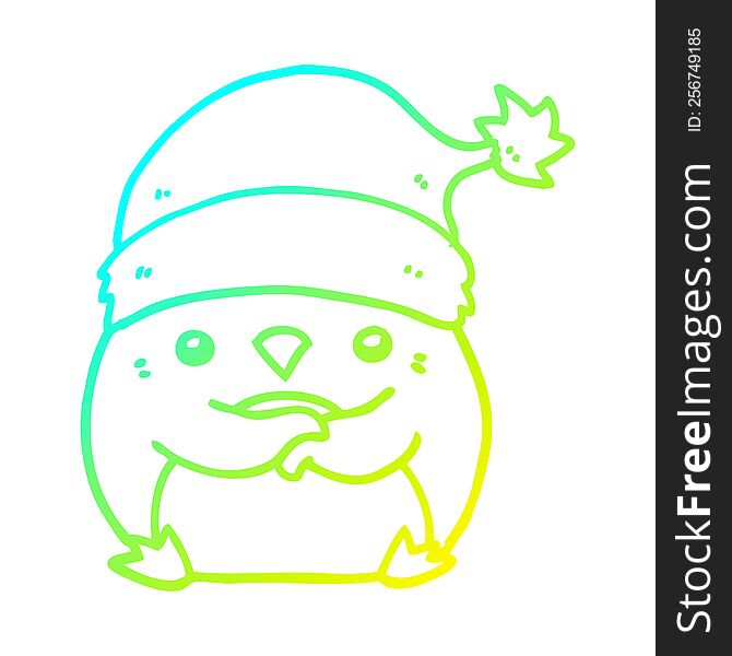 cold gradient line drawing of a cute cartoon penguin wearing christmas hat