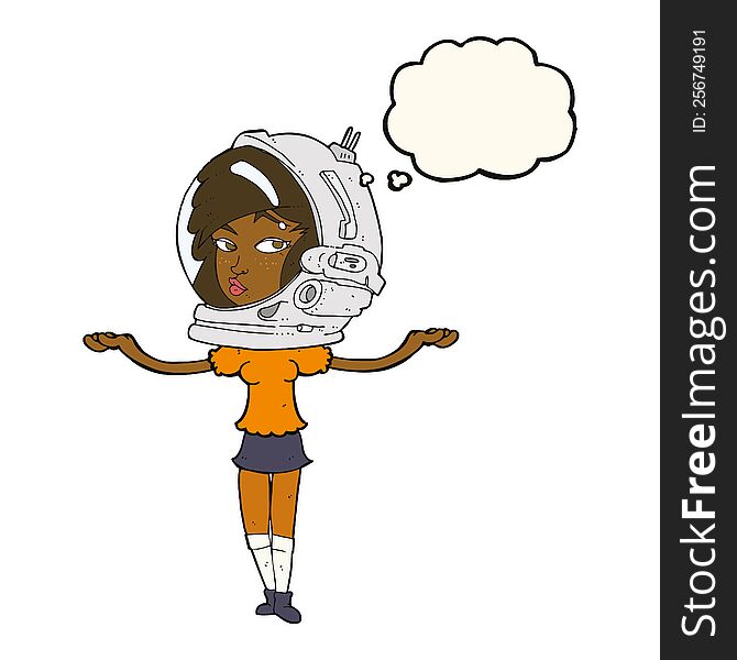 cartoon woman wearing space helmet with thought bubble
