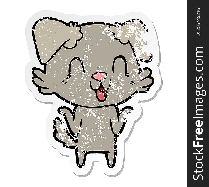 Distressed Sticker Of A Laughing Cartoon Dog Shrugging Shoulders