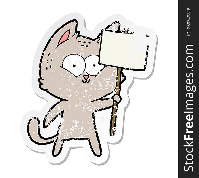 distressed sticker of a cartoon cat with placard
