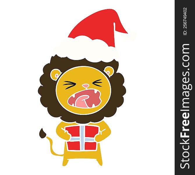 hand drawn flat color illustration of a lion with christmas present wearing santa hat