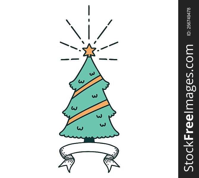 Banner With Tattoo Style Christmas Tree With Star