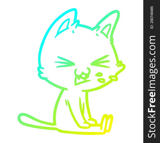 cold gradient line drawing of a cartoon sitting cat hissing