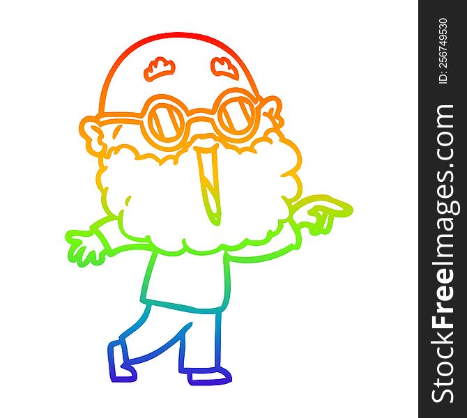 rainbow gradient line drawing of a cartoon joyful man with beard pointing finger