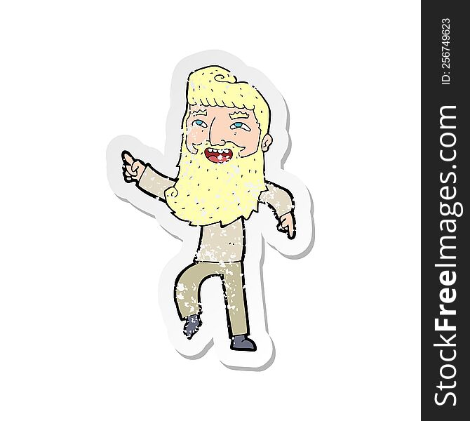 Retro Distressed Sticker Of A Cartoon Man With Beard Laughing And Pointing
