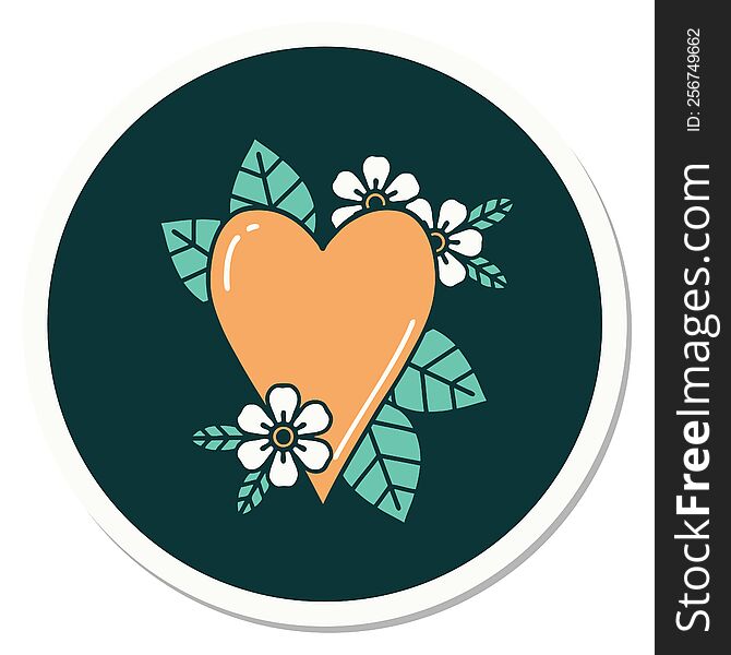 sticker of tattoo in traditional style of a botanical heart. sticker of tattoo in traditional style of a botanical heart