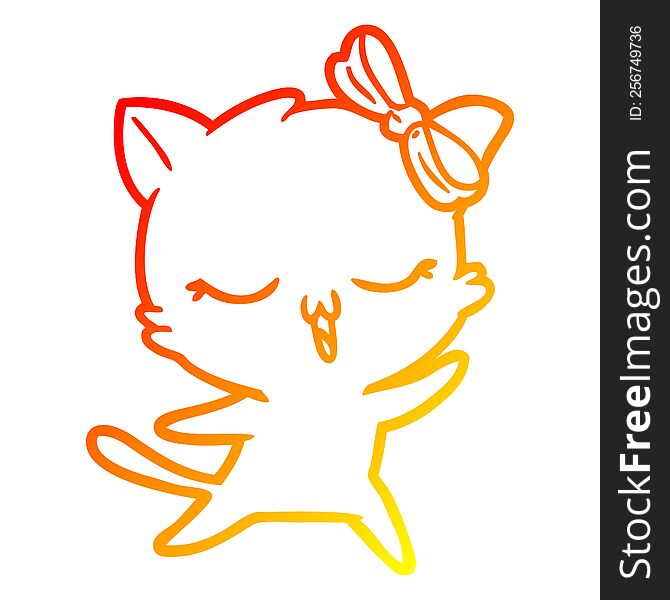 Warm Gradient Line Drawing Cartoon Dancing Cat With Bow On Head