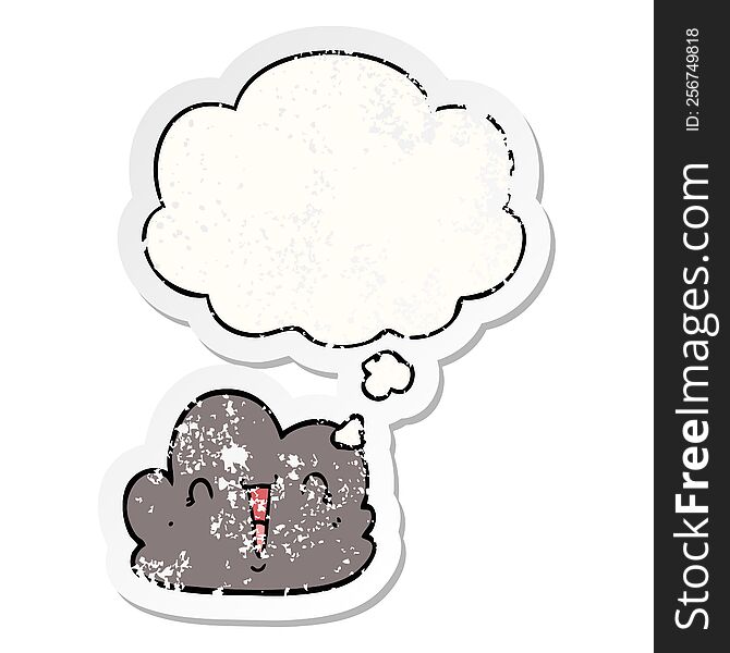 Cartoon Happy Cloud And Thought Bubble As A Distressed Worn Sticker