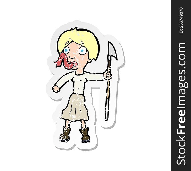 retro distressed sticker of a cartoon woman with spear sticking out tongue