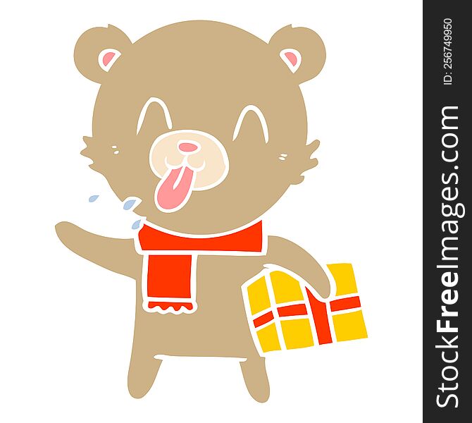 rude flat color style cartoon bear with present