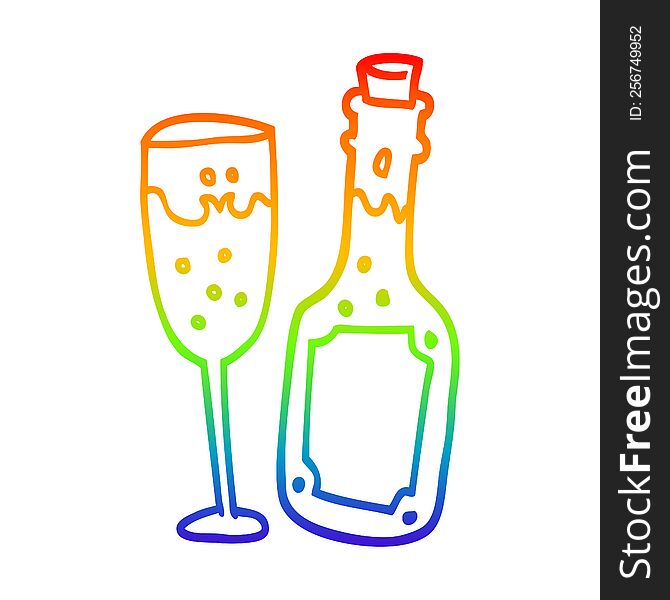 rainbow gradient line drawing cartoon champagne bottle and glass