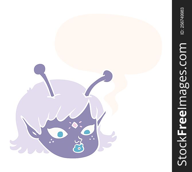 cartoon alien space girl face with speech bubble in retro style