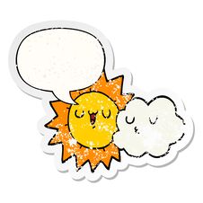 Cartoon Sun And Cloud And Speech Bubble Distressed Sticker Royalty Free Stock Image