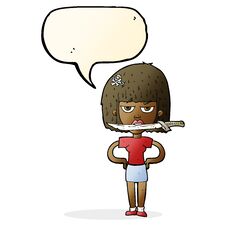 Cartoon Woman With Knife Between Teeth With Speech Bubble Royalty Free Stock Photo