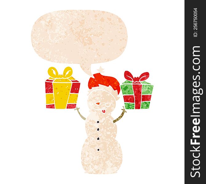 Cartoon Snowman With Present And Speech Bubble In Retro Textured Style