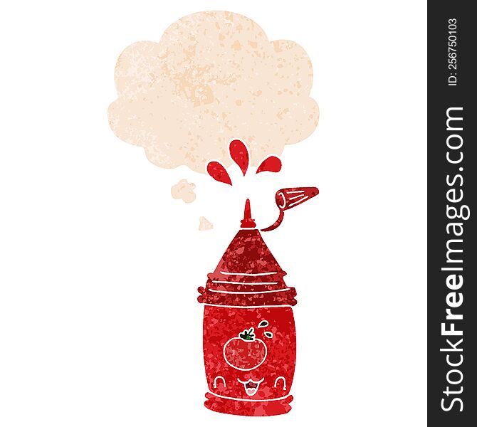 cartoon ketchup bottle with thought bubble in grunge distressed retro textured style. cartoon ketchup bottle with thought bubble in grunge distressed retro textured style