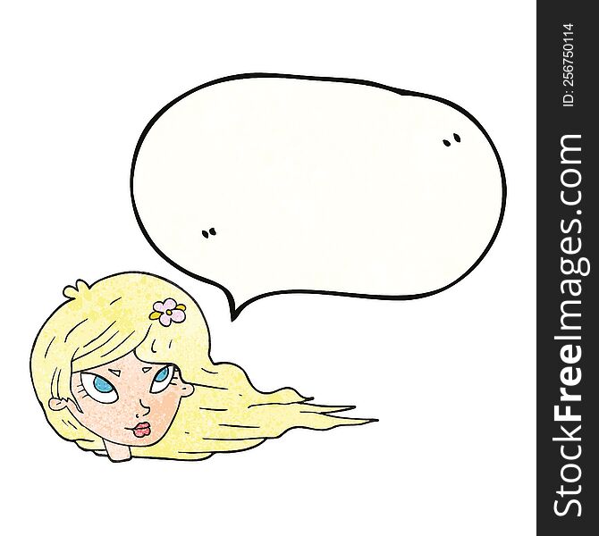 freehand speech bubble textured cartoon woman with blowing hair