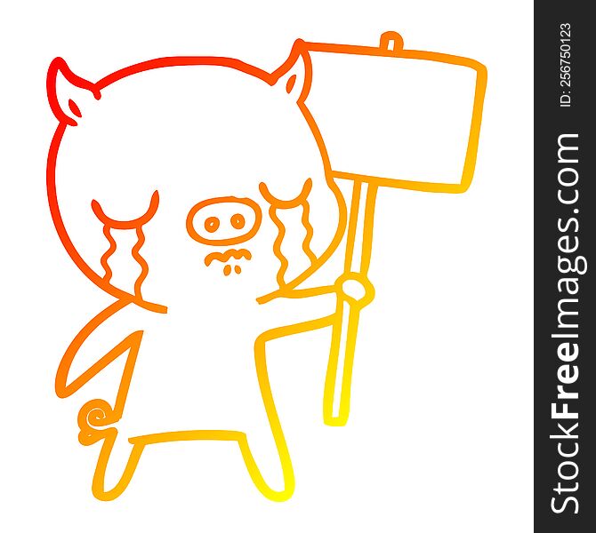 Warm Gradient Line Drawing Cartoon Crying Pig With Sign Post