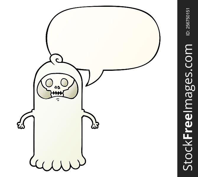 Cartoon Spooky Skull Ghost And Speech Bubble In Smooth Gradient Style