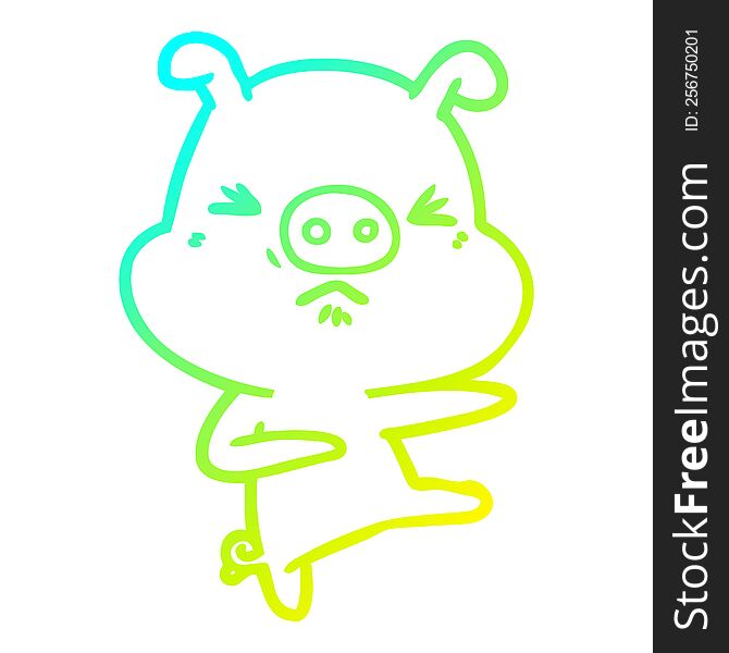 Cold Gradient Line Drawing Cartoon Angry Pig Kicking Out