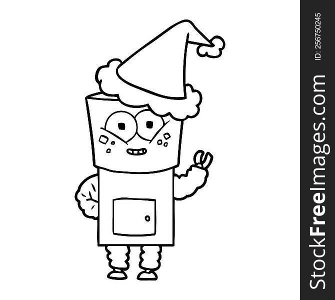 happy hand drawn line drawing of a robot waving hello wearing santa hat. happy hand drawn line drawing of a robot waving hello wearing santa hat