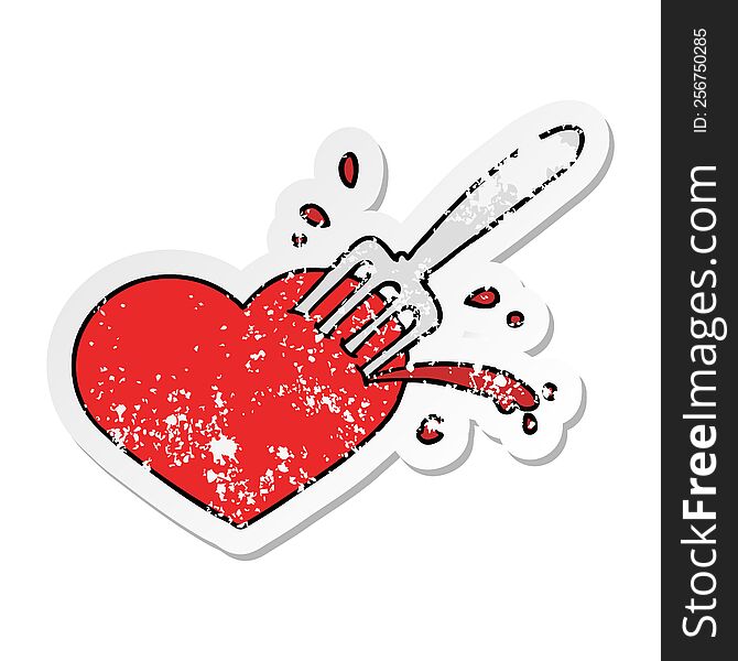 Distressed Sticker Of A Cartoon Love Heart Stuck With Fork