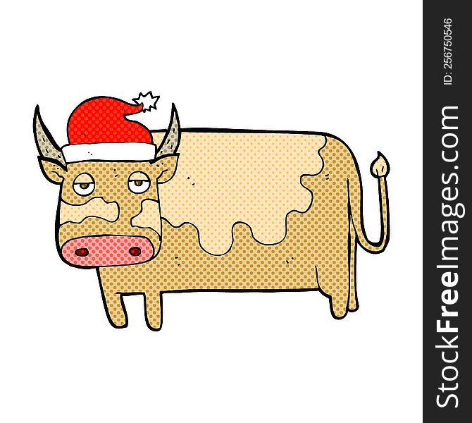 Cartoon Cow With Christmas Hat