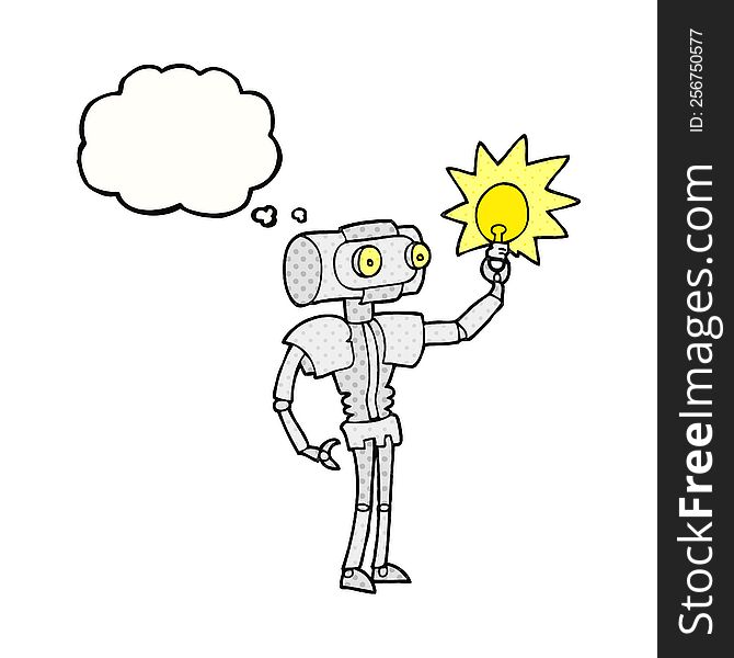 freehand drawn thought bubble cartoon robot with light bulb