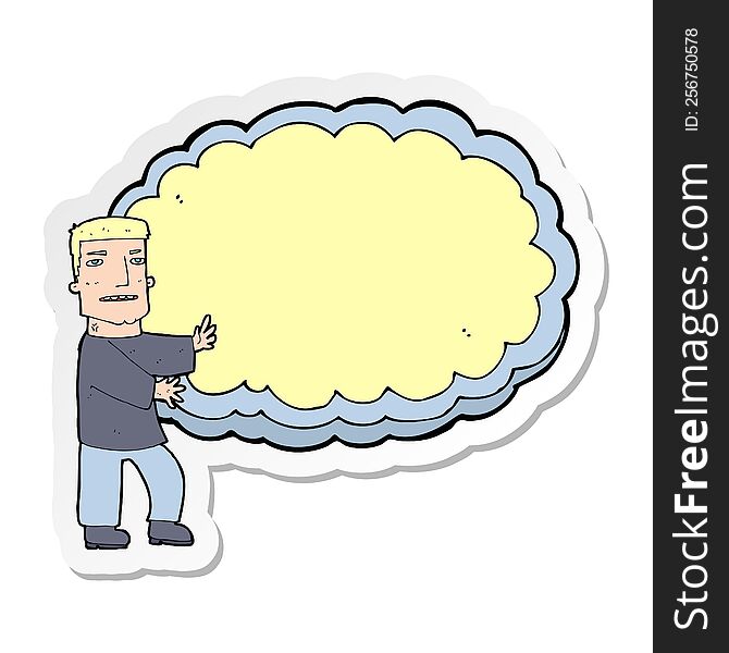 sticker of a cartoon man presenting text space cloud