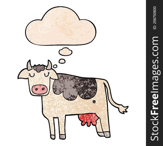 cartoon cow and thought bubble in grunge texture pattern style