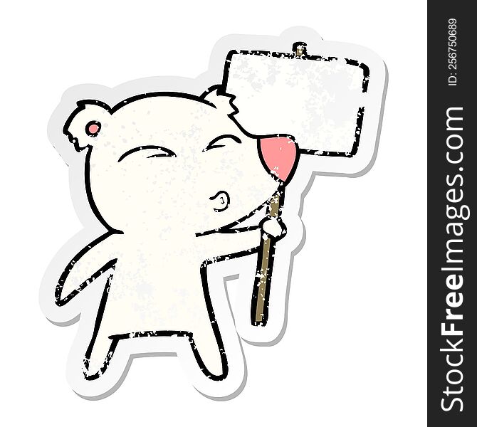 distressed sticker of a cartoon polar bear with placard