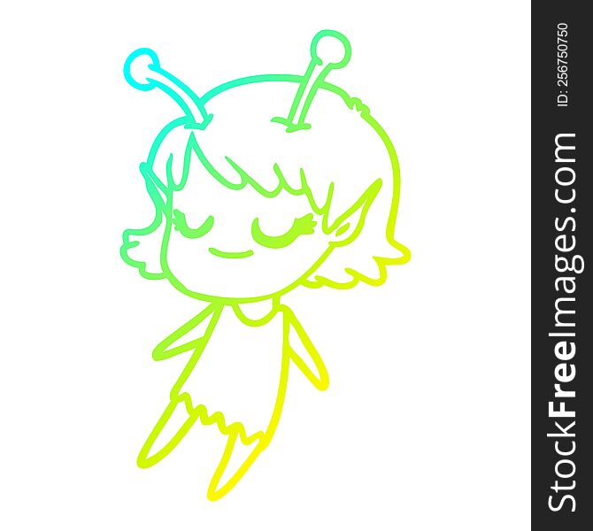 Cold Gradient Line Drawing Smiling Alien Girl Cartoon Floating